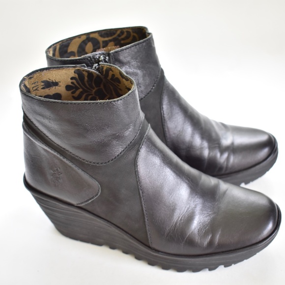 Fly London Shoes - Fly London Black Leather Yago Ankle Wedge Boots